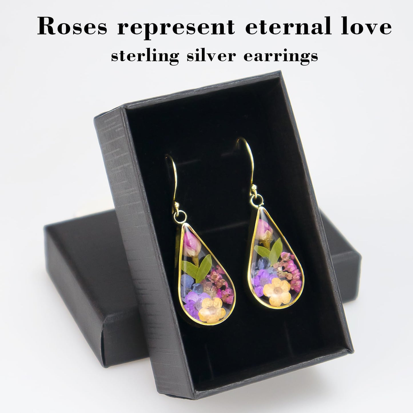 925 Sterling Silver Pressed Flower Teardrop Earrings,Hypoallergenic Women's Jewelry Gift for Mom,Handmade natural dried flower teardrop earrings Jewelry Gift (shenlan-yingse)