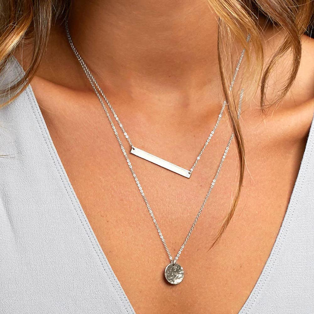 Silver Necklace for Women - Dainty Layering Simulated Pearls Bar Necklace Hammered Disc Pendant Silver Layered Necklaces for Women
