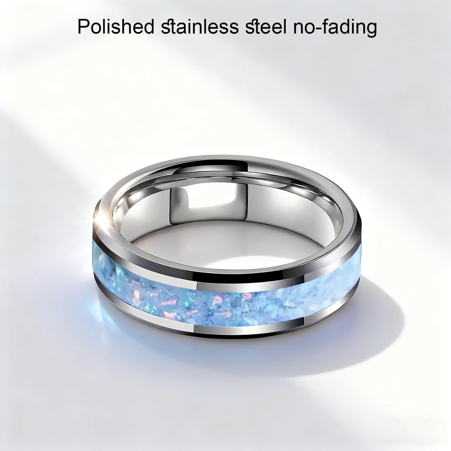 HJIMMNHONG New Opal Fashion Ring Double Beveled Edge Delicate Polished Stainless Steel Simple Mens and Women Rings, Width 8mm,Blue, Size 9