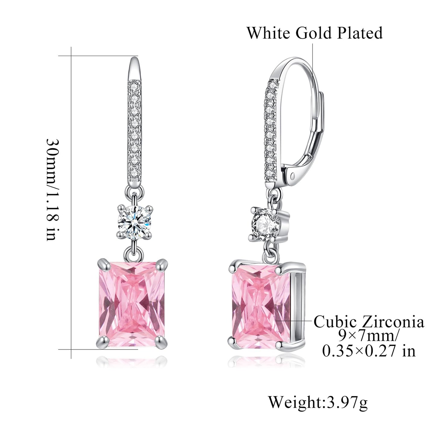 CiNily Leverback Earrings for Women Rectangular-cut Drop Dangle Earrings Hypoallergenic, 14K White Gold Plated Pink Cubic Zircon Earrings Diamond Dangle Earrings Jewelry Birthday
