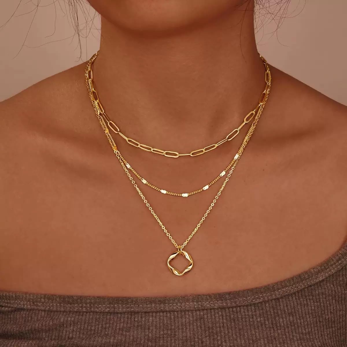 JELLYSEE Gold Necklaces for Women - 14K Gold Plated Layering Necklaces Trendy Circle Paperclip Chain Pendant Choker Necklace, Simple Diamond Cross Bow Jewelry Set Gifts for Women