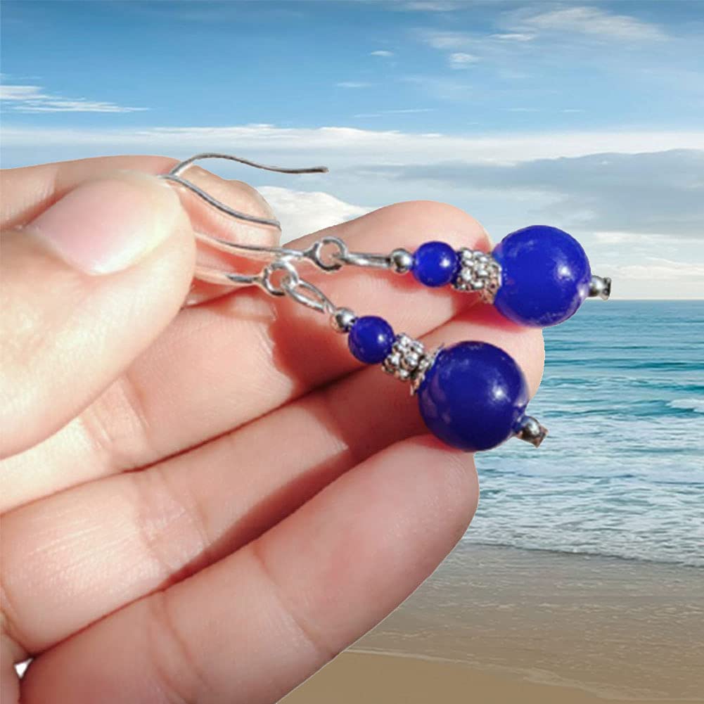 Turquoise Earrings for Women Double Lapis Lazuli Drop Earring Round Bead Navy Blue Earrings Dangle Fashion Jewelry Gift
