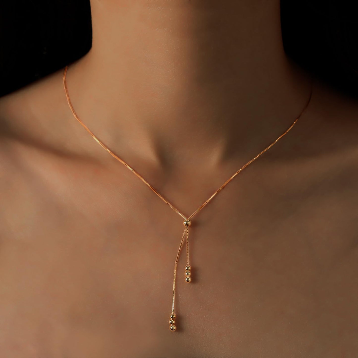 UTISUVIKO Lariat Gold Necklace for Women S925 Sterling Silver Dainty Layered Bead Necklaces 14k Gold Adjustable Y-Shaped Tassel Round Beaded Pendant Long Chain Necklace for Wedding Mother's Day Jewelry(Gold)