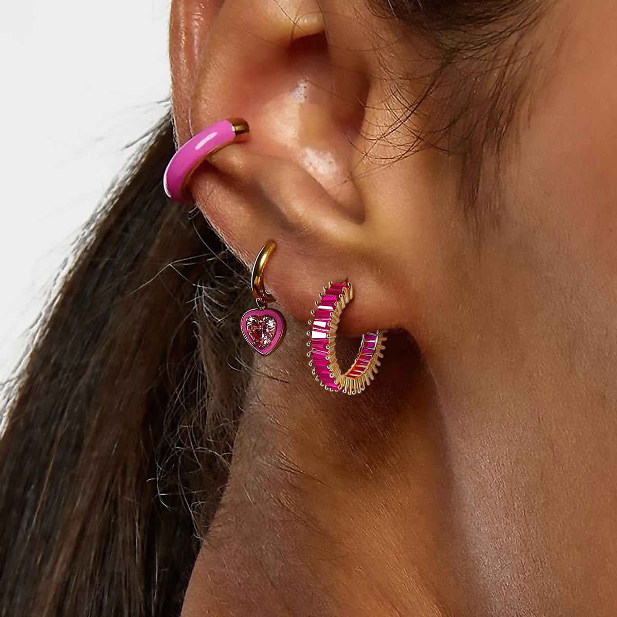 GLOQUAT Gold Pink Earrings Fuchsia Hoops for Women 14K Gold Plated Hot Pink Hoops Fuchsia Cubic Zirconia Baguette Hoop Earrings Fashion Hot Pink Crystal Earring for Women Neon Pink Rhinestone Jewelry