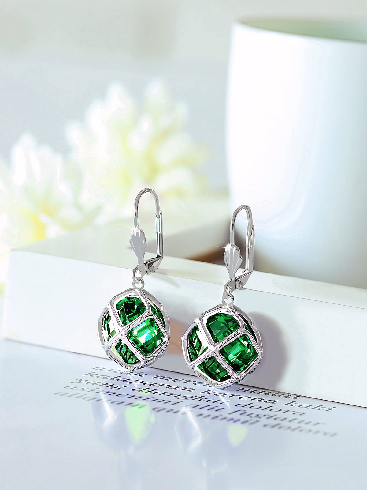Big Dark Green Crystal Dangle Earrings for Women (May-Emerald-White Gold)