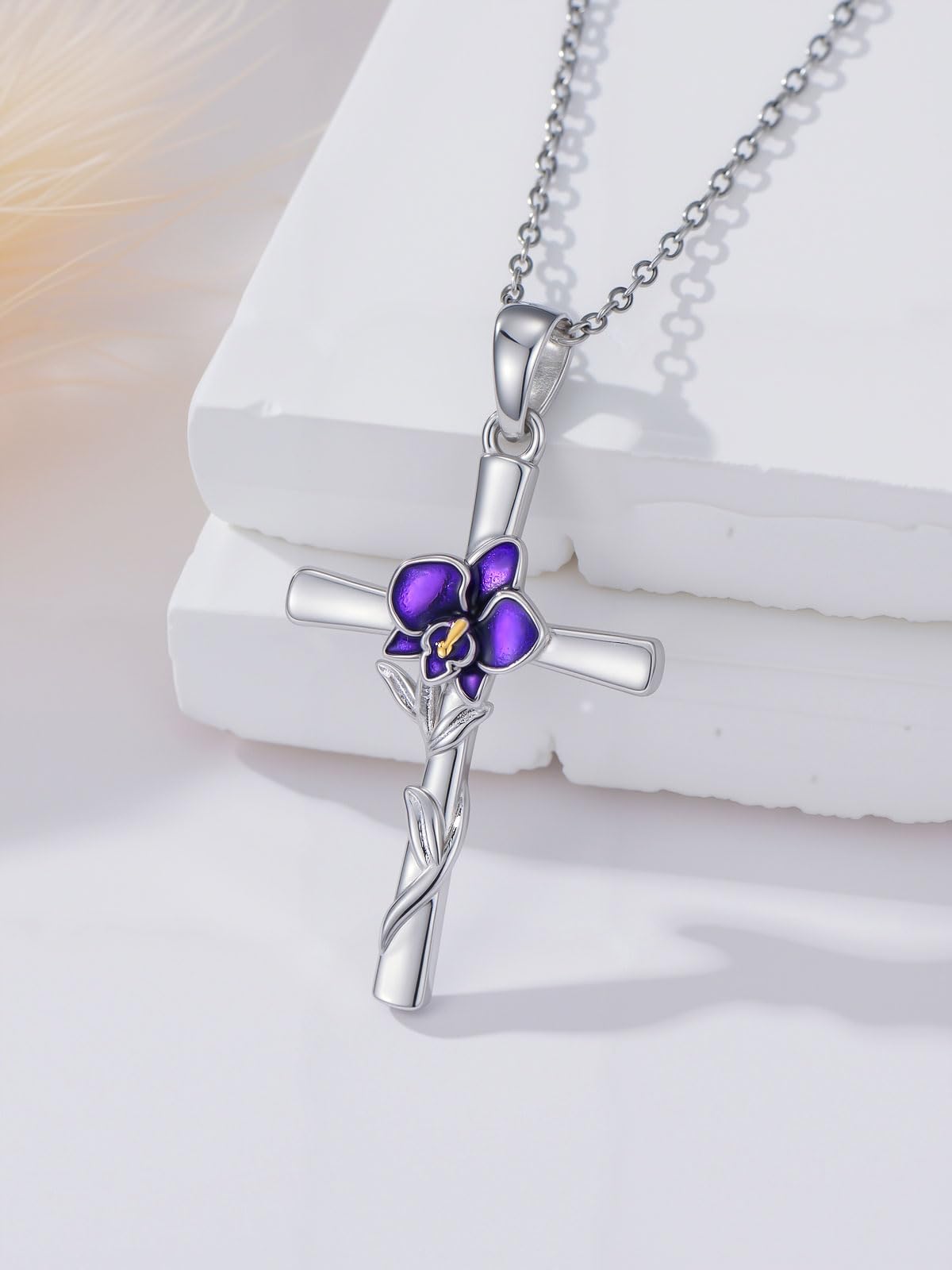 Cargari Orchid Cross Necklace for Women 925 Sterling Silver Birth Flower Cross Pendant Orchid Necklace Jewelry Floral Gifts for Women