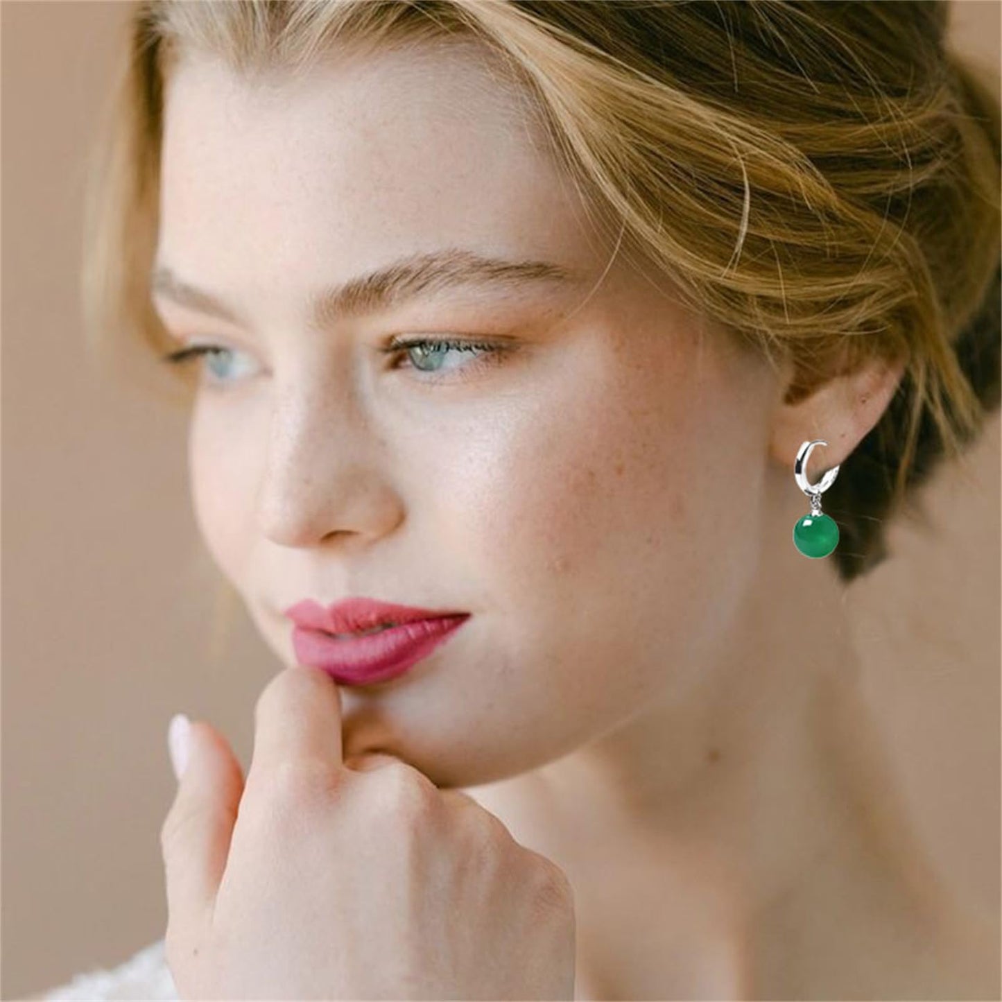 QLYOVWE Handmade Jade Earrings Basic Gemstone Round 12MM Bead Ball Drop Dangle Earrings Rose Quartz Stone Natural Agate Bead Jade Drop Earrings for Women (Green)