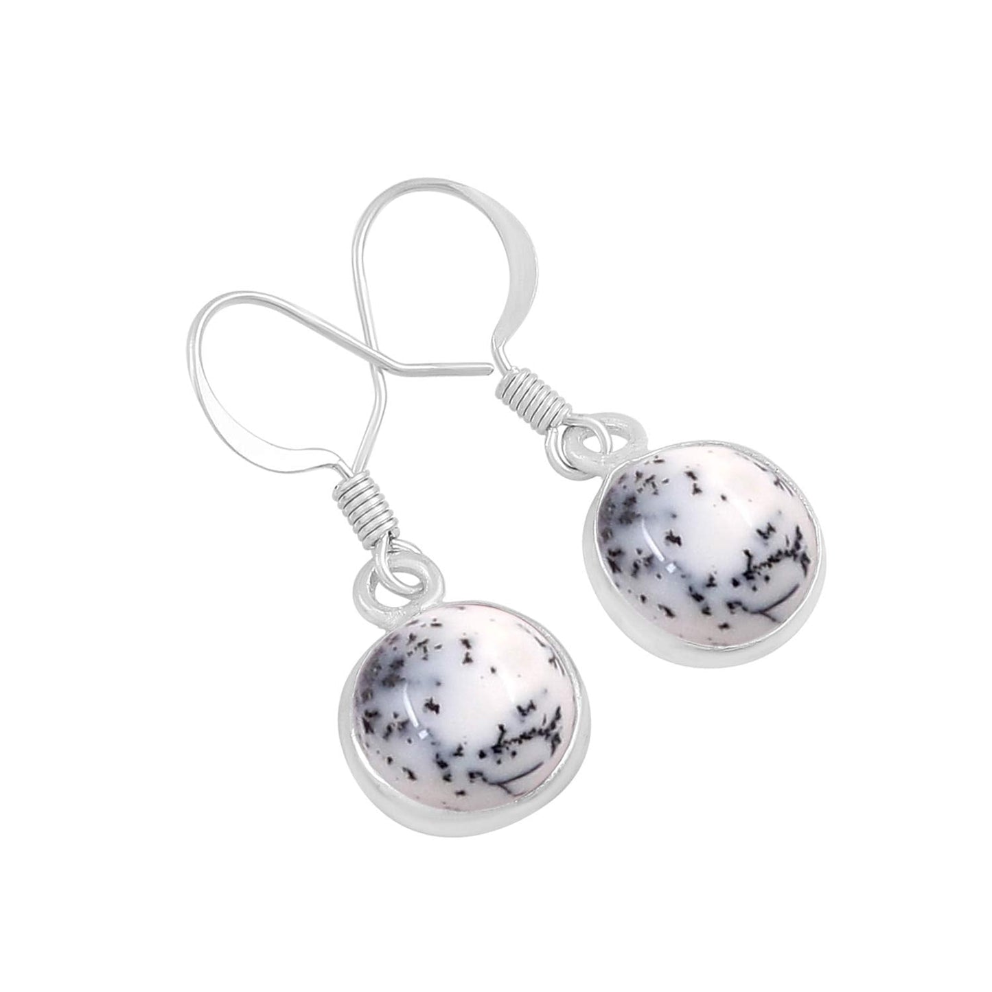Natural Dendrite Opal 925 Silver Plated Dangle Earrings for Women - Round Shape White Black Color Gemstone October Birthstone Handmade Jewelry Earrings - Birthday Gift for Her