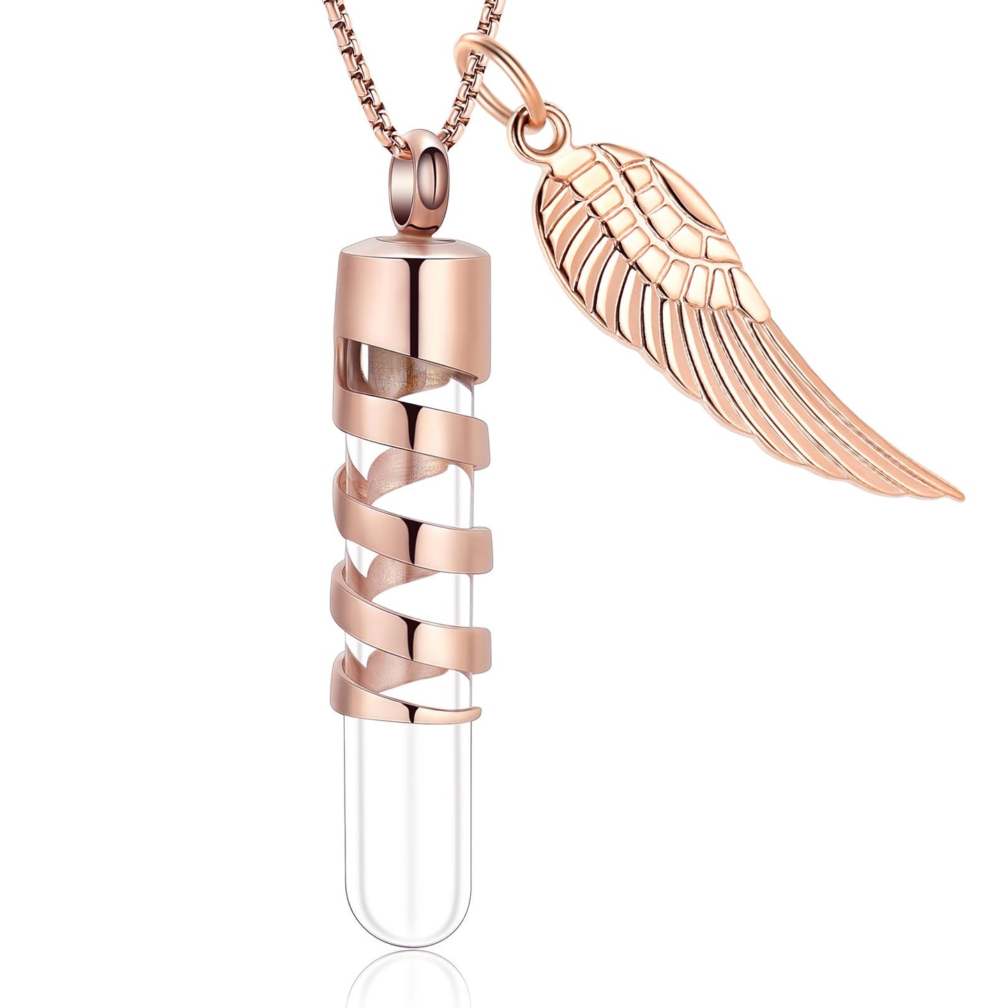 Oinsi Clear Glass Tube Cremation Urn Jewelry Ashes Holder Necklace Keepsake Memorial Pendant Including Box/Fill Kits (Rose Gold (Angel wing))