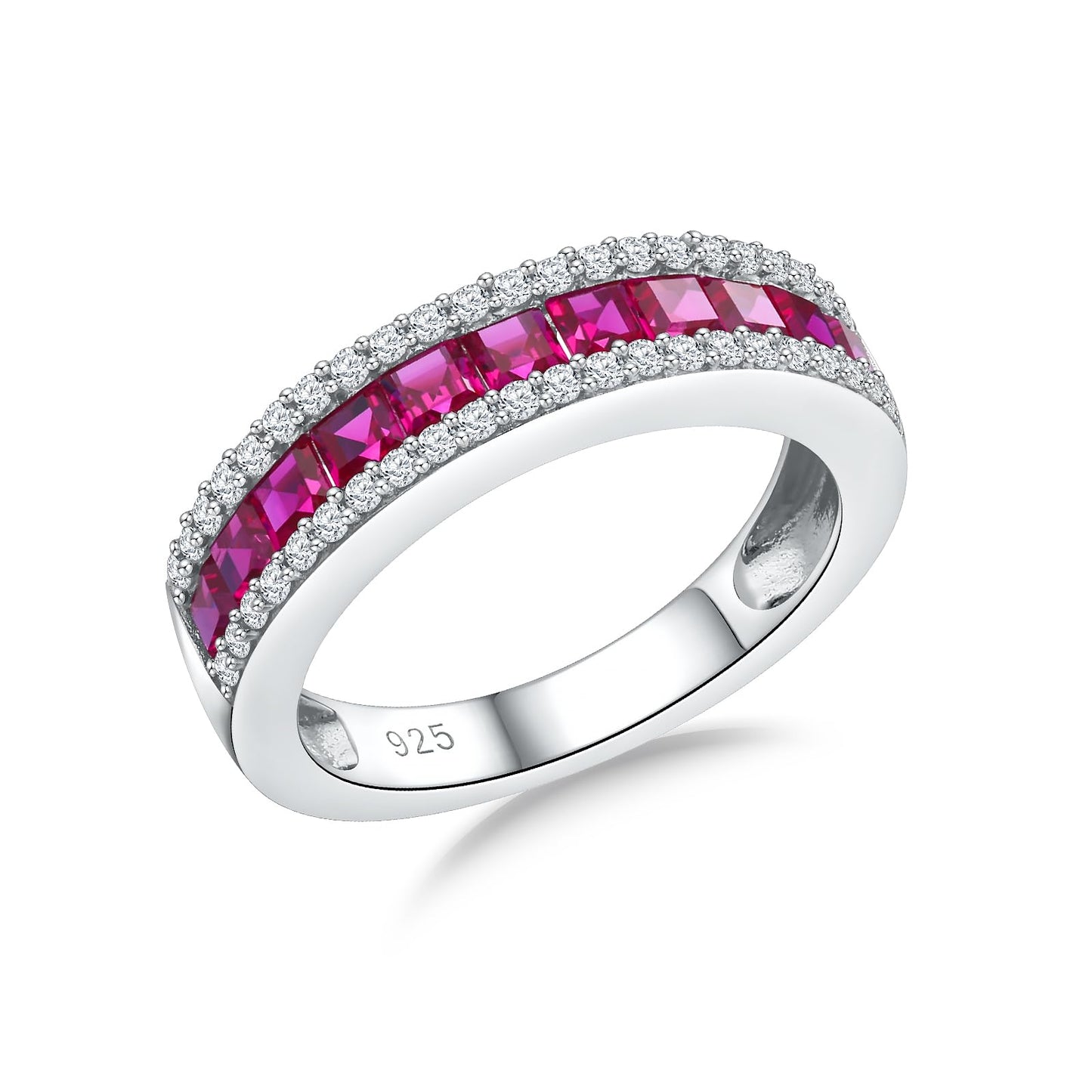 RANDES Ruby Ring Eternity Band Thick Wedding Bands for Women 925 Sterling Silver Red Stone Ring Channel Set Anniversary Band Size 8.5