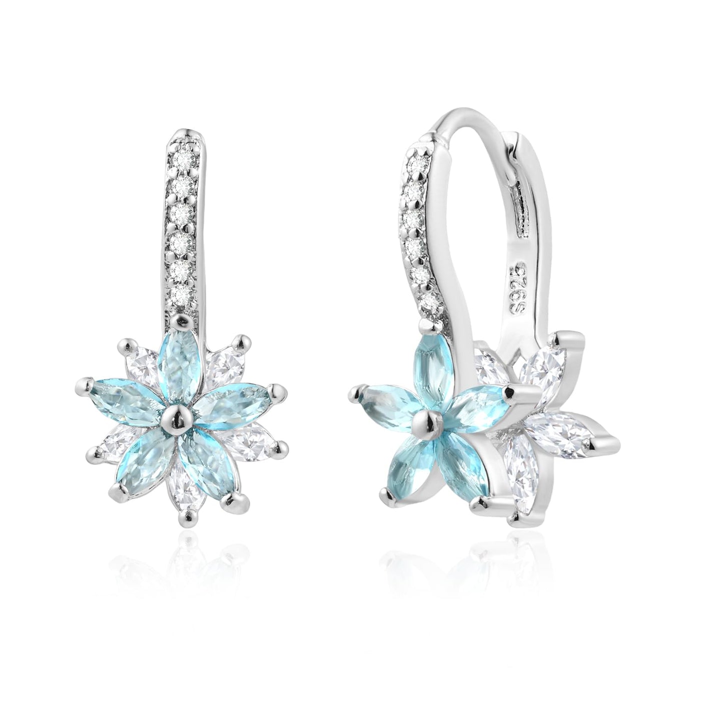 Watforsh 925 Sterling Silver Flower Earrings for Women Dangling Leverback Earrings with Aquamarine and White Crystal Double Floral