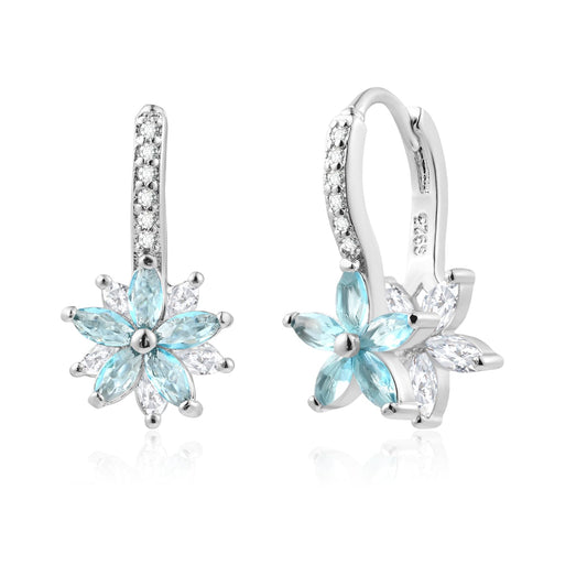 Watforsh 925 Sterling Silver Flower Earrings for Women Dangling Leverback Earrings with Aquamarine and White Crystal Double Floral