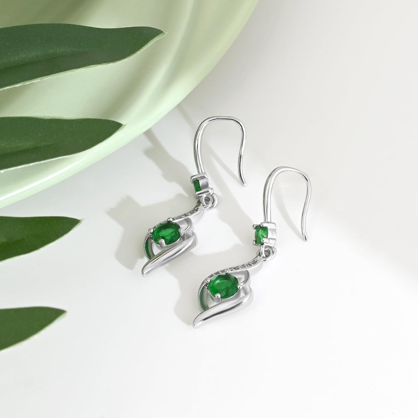 Heart Emerald Drop Dangle Earrings-925 Sterling Silver with Green Crystals-Long Birthstone Jewellery for Women
