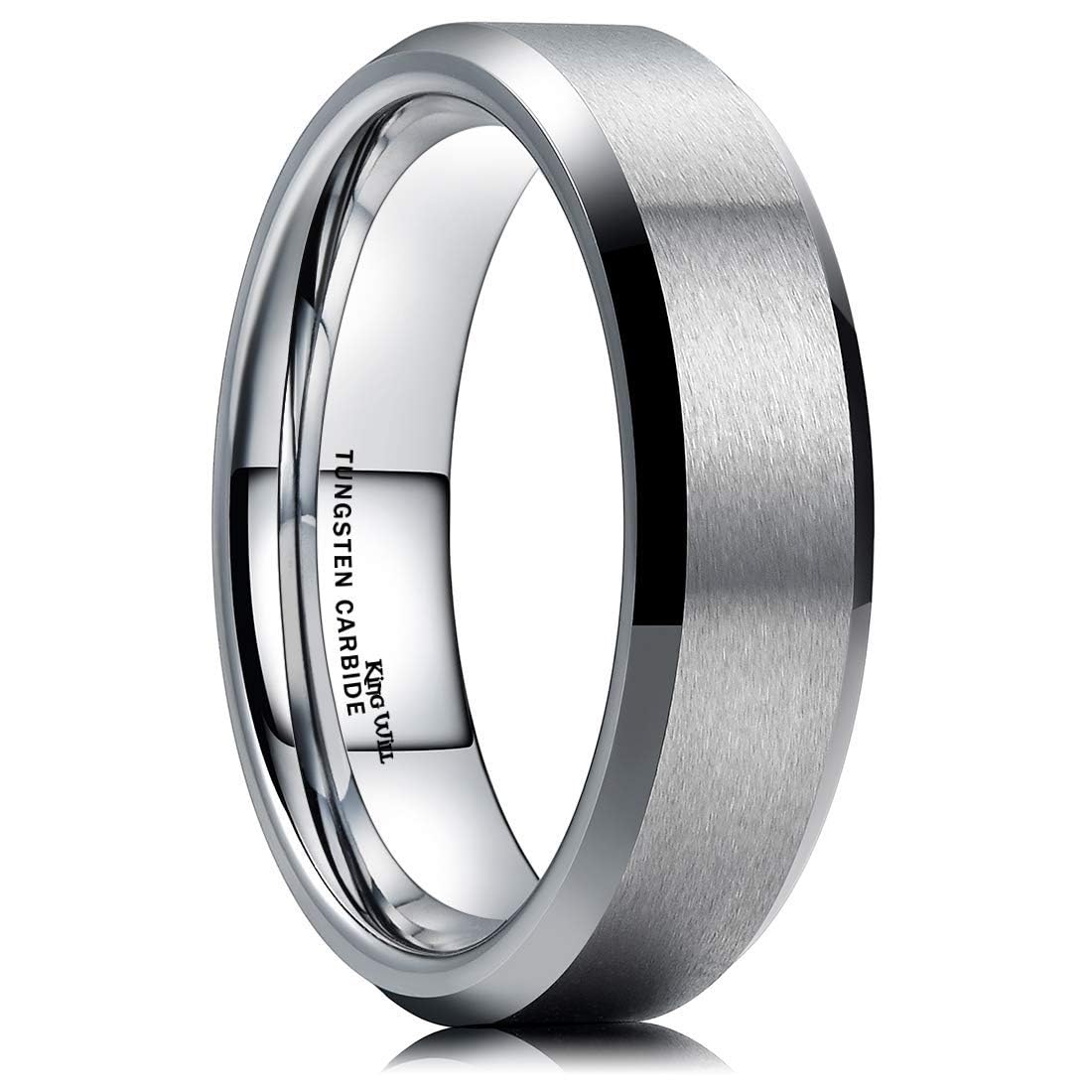King Will 6mm Men's Silver Wedding Ring - Brushed Matte Surface, Beveled Polished Edge, Comfort Fit Size12