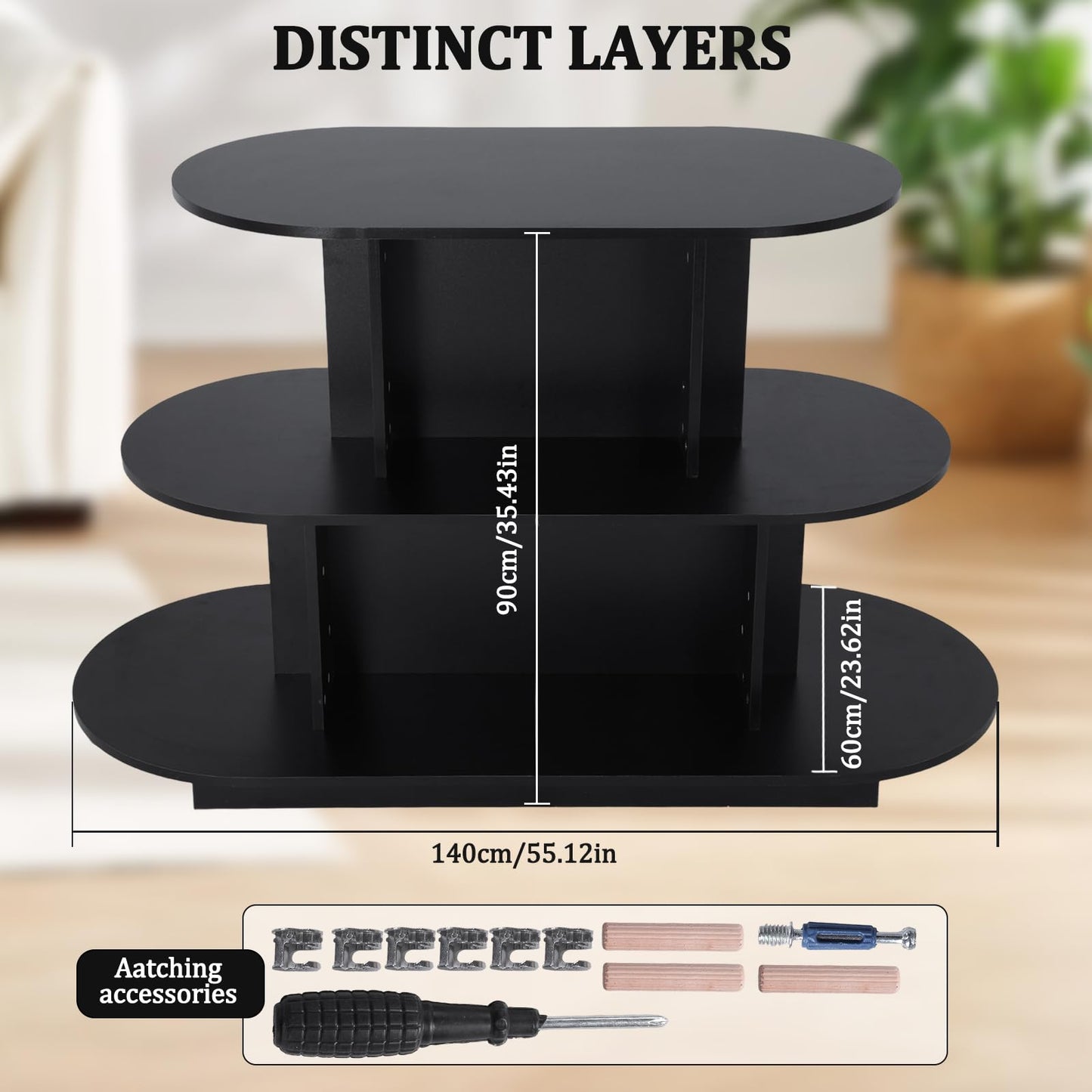 ASIEIT 3 Tier Wooden Oval Display Table Modern Standing Display Riser Shelf Retail Table for Stores Vendor Events 55in W x 23.6in D x 35in H (Black)