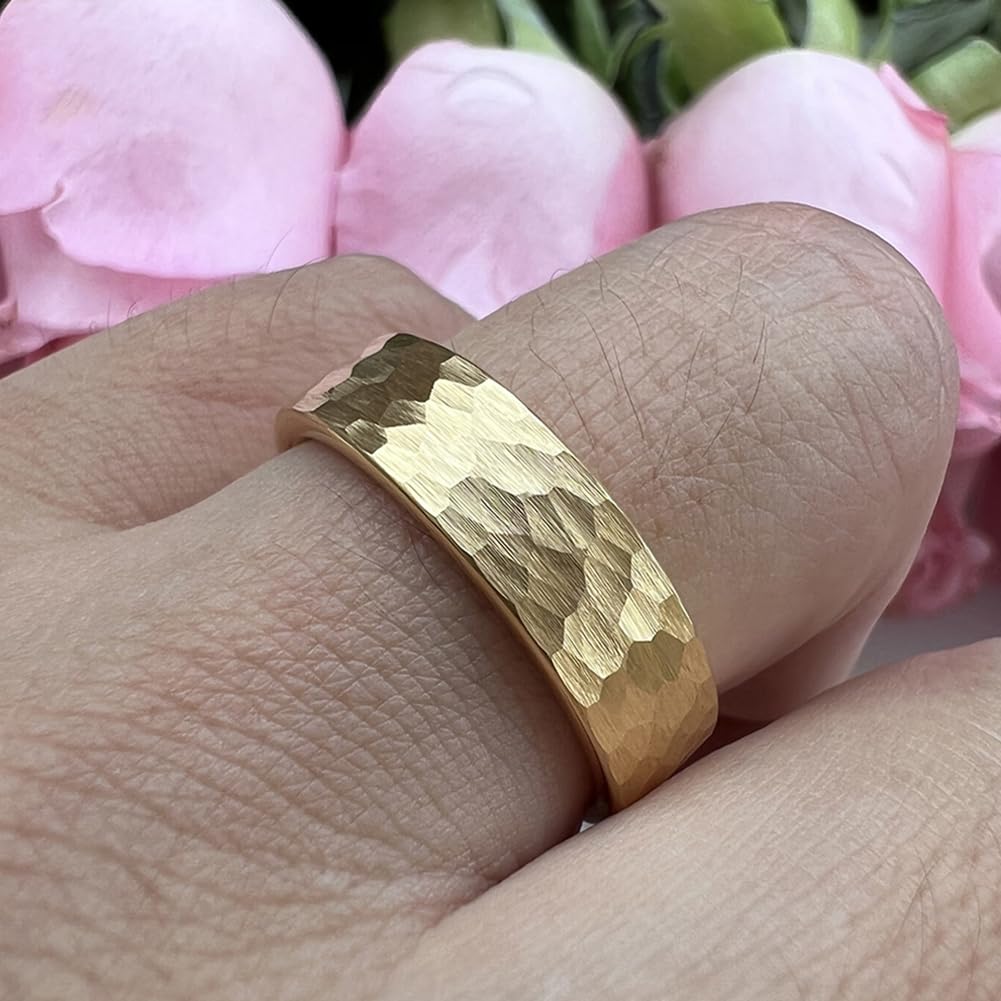TUTISS 6mm Gold Hammered Tungsten Rings for Men Women Engagement Wedding Bands Pipe Cut Matte Finish Comfort Fit Size 10