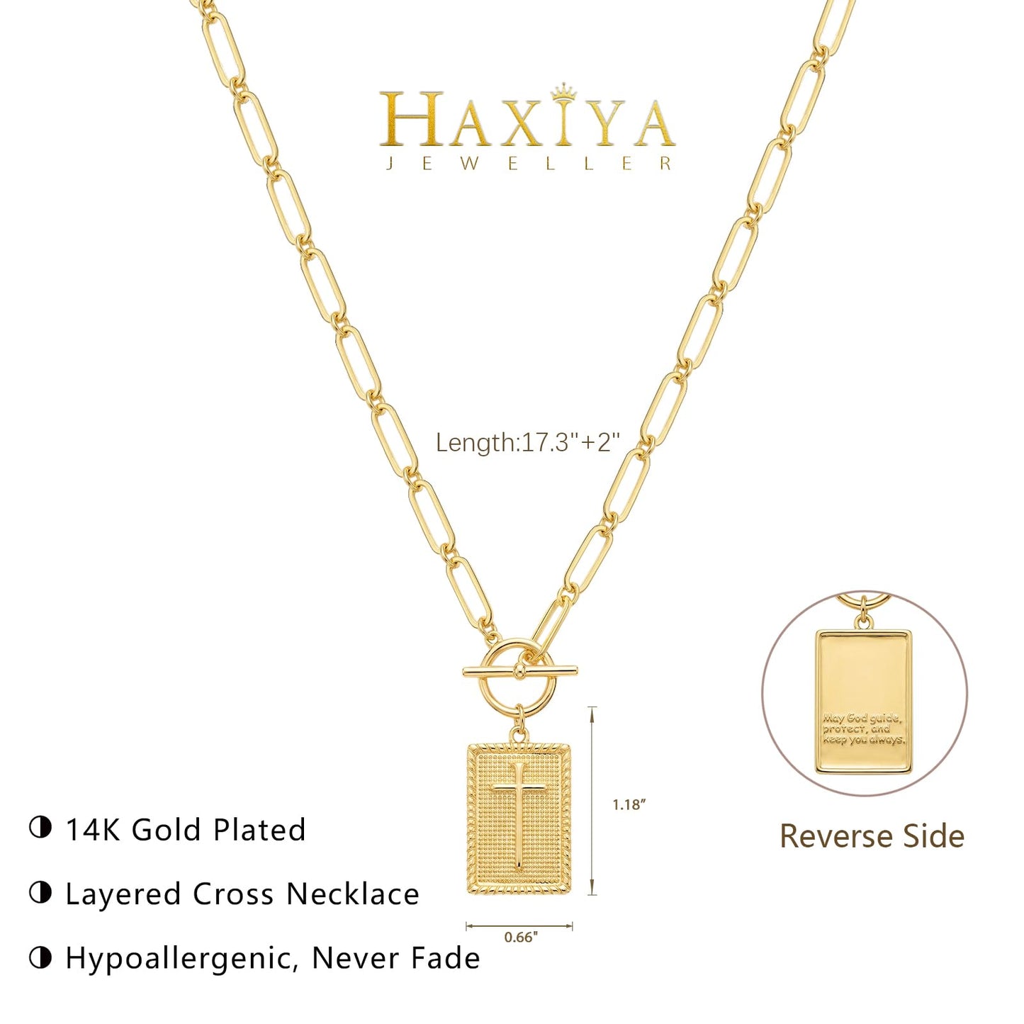 HAXIYA 14K Gold Plated Cross Necklace for Women, Non-Tarnish Faith Jewelry with Toggle Clasp, Fashion Necklace Gifts for Women, Christian Faith, Communion, Birthday & Christmas