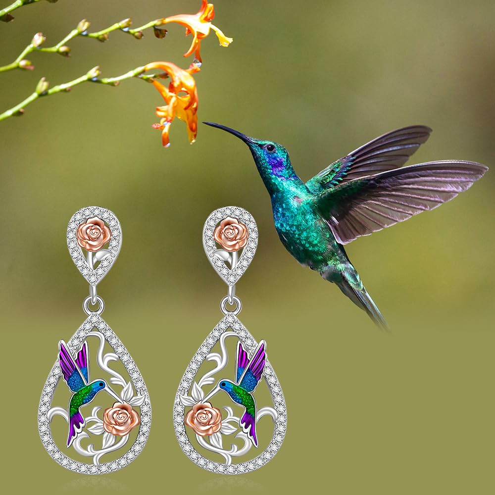 Hummingbird Earrings for Women 925 Sterling Silver Rose Dangle Drops for Women Cubic Zirconia Bird and Rose Design Dangle Drop Earrings Gifts for Lovers