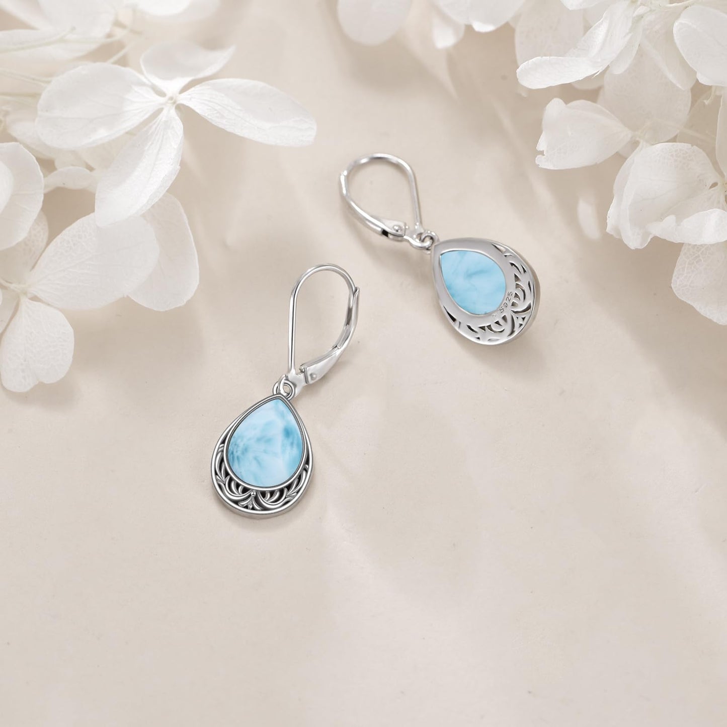 VONALA Larimar Earrings 925 Sterling Silver Larimar Leverback Earrings Teardrop Dangle Dangling Earrings Filigree Jewelry Gift for Women