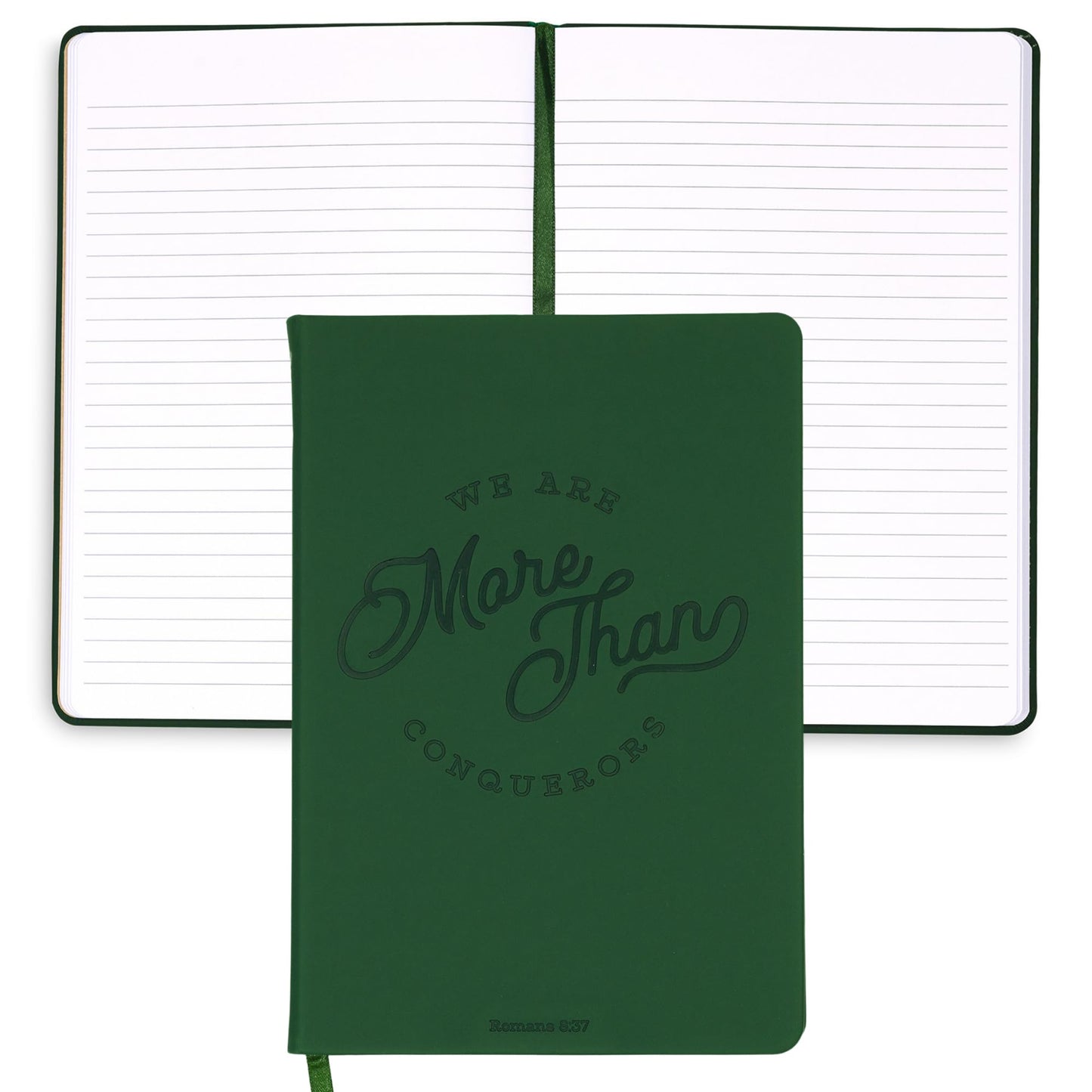 Steel Mill & Co Faux Leather Journal, 8.5” x 6” Scripture Quote Notebook with 160 Lined Pages, Book-Bound, Dark Green Leatherette Writing Journal with Debossed Cover and Ribbon Bookmark for Women & Men (More than Conquerors)