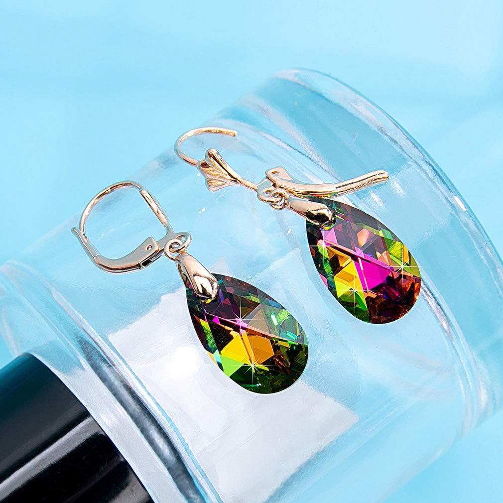 Austrian Crystal Teardrop Leverback Dangle Earrings for Women Fashion 14K Gold Plated Hypoallergenic Jewelry (Vitrail Medium)