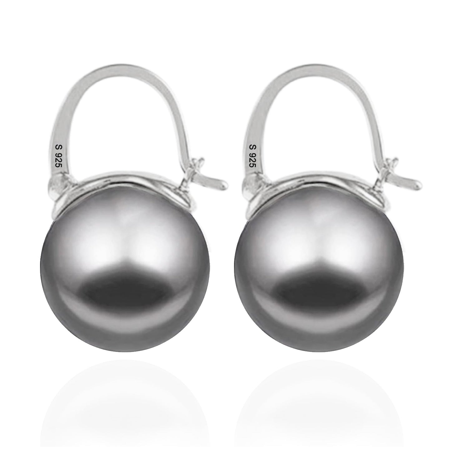 OwMell Elegant 925 Sterling Silver Pearl Drop Earrings Dangle Stud Gold Plated Earrings for Women Large Size 12mm - Grey