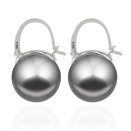 OwMell Elegant 925 Sterling Silver Pearl Drop Earrings Dangle Stud Gold Plated Earrings for Women Large Size 12mm - Grey