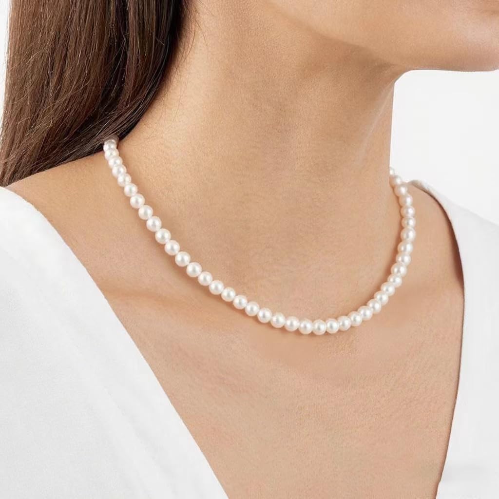 HUWODY Round White Simulated Shell Pearl Necklace Strand 6mm Pearl Choker Necklace Jewelry for Women 16inch