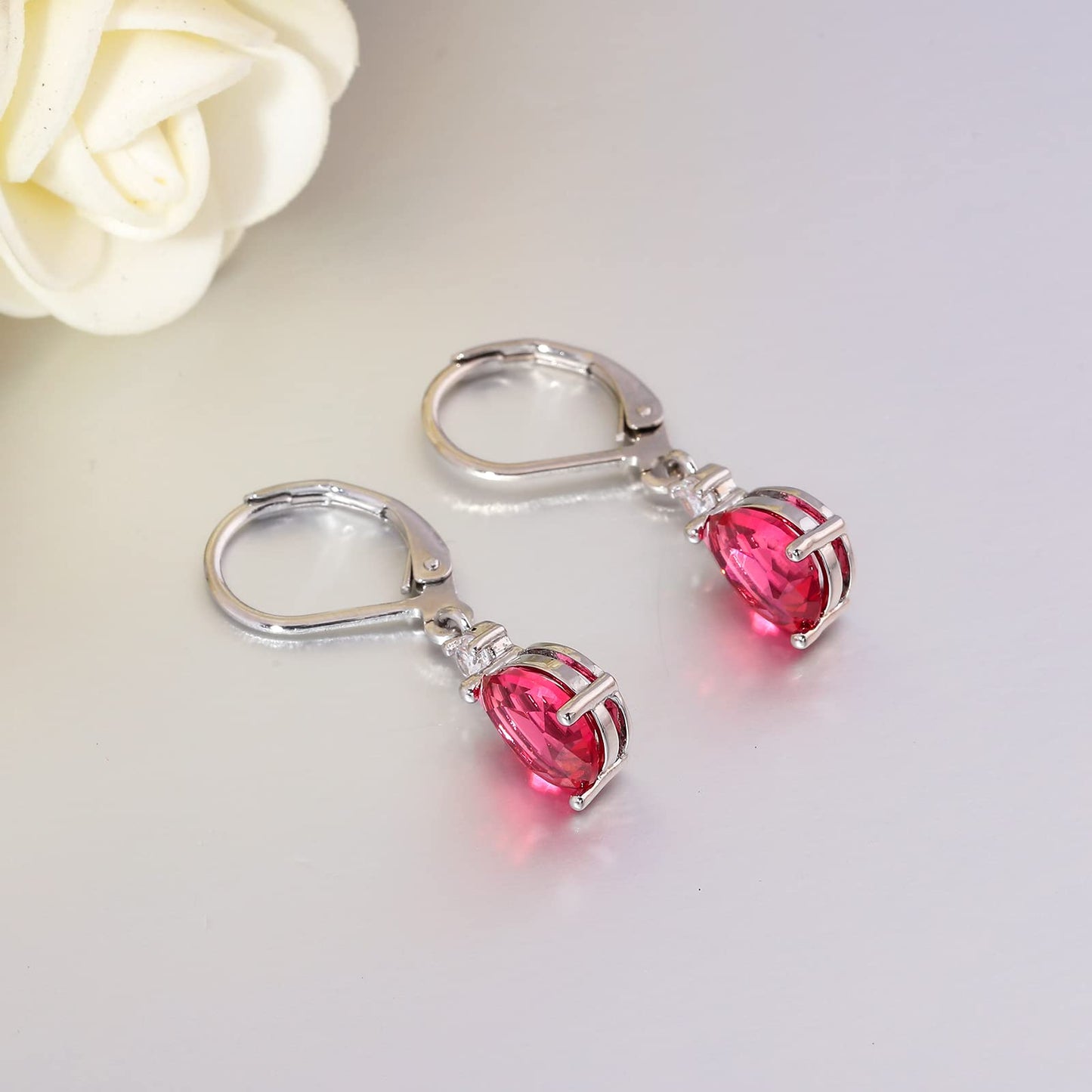 CiNily Leverback Dangle Earrings for Women 14K White Gold Plated Drop Earrings Red Cubic Zircon Fashion Teardrop Hoop Earrings Hypoallergenic Jewelry for Sensitive Ear