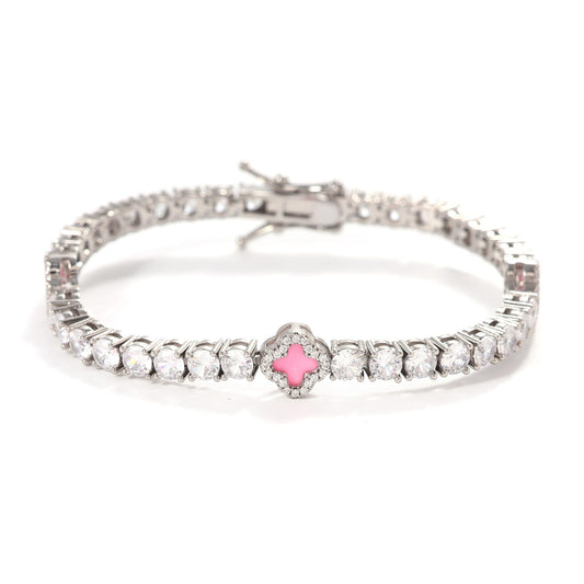 LuxeFlex 4mm Iced Out Clover Tennis Bracelet, White Gold Plated with 5A Zircon Stones, Handmade exquisite Hip Hop Jewelry, Perfect Unisex Gift (White Gold-Pink,7)