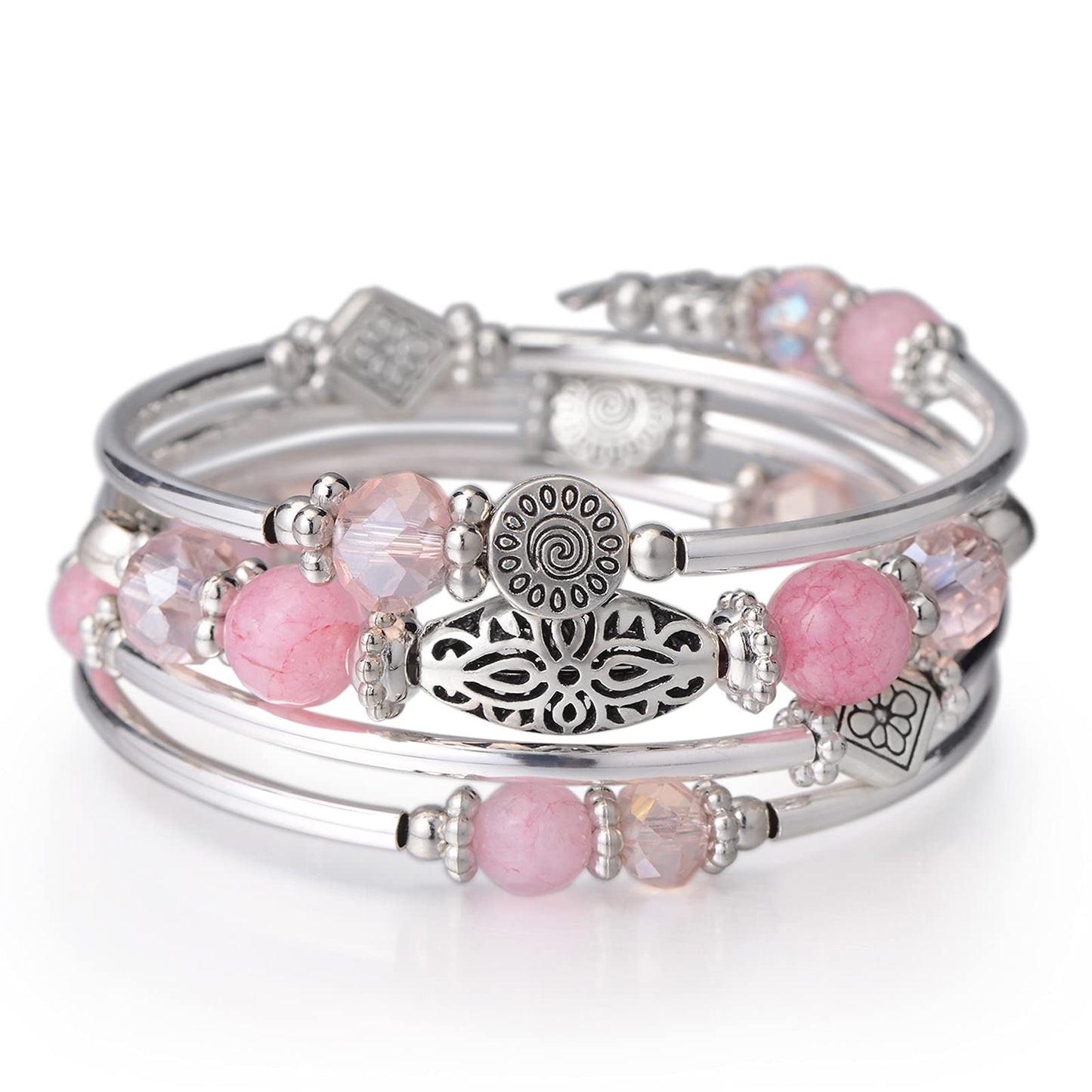 FULU AUTUMN Stackable Beaded Bracelets for Women Boho Wrap Silver Bracelet Layered Fashion Jewelry Gifts for Her(Pink)