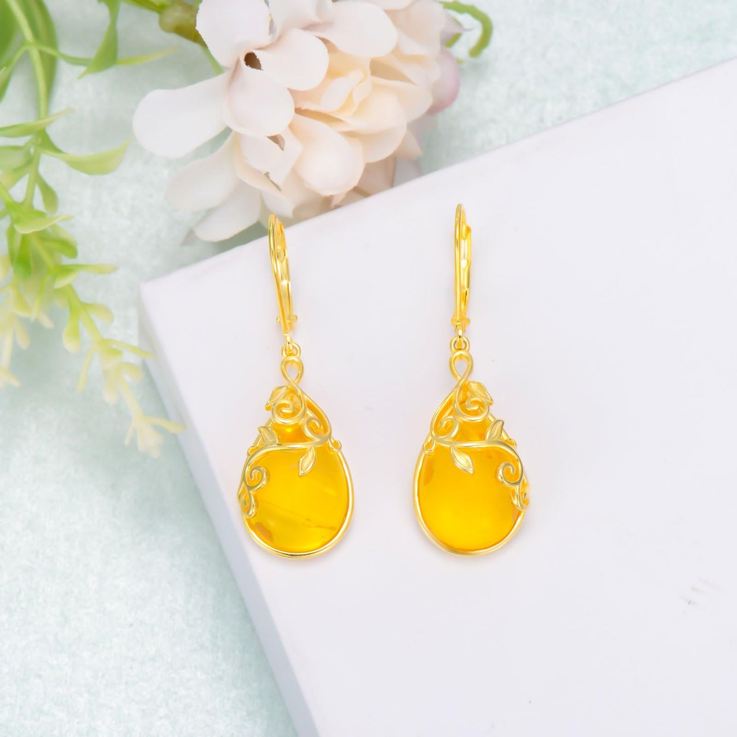 VONALA Amber Earrings 925 Sterling Silver Filigree Leaf Leverbak Earrings Teardrop Drop Dangle Dangling Earrings Jewelry Gift for Women