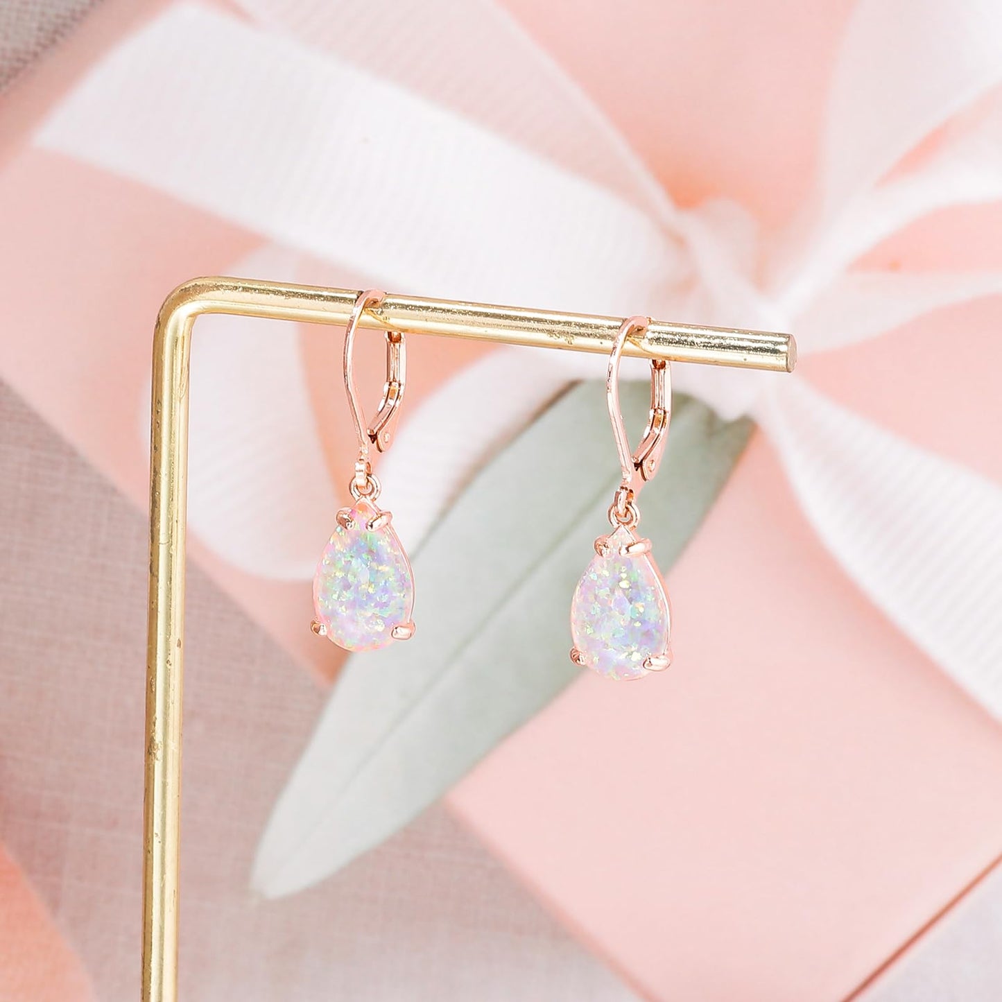 CiNily Teardrop Leverback Dangle Earrings for Women Hypoallergenic Pink Opal Pendant Drop Earrings 14K Rose Gold Plated Hanging Lever Earrings Fashion Jewelry for Sensitive Ears