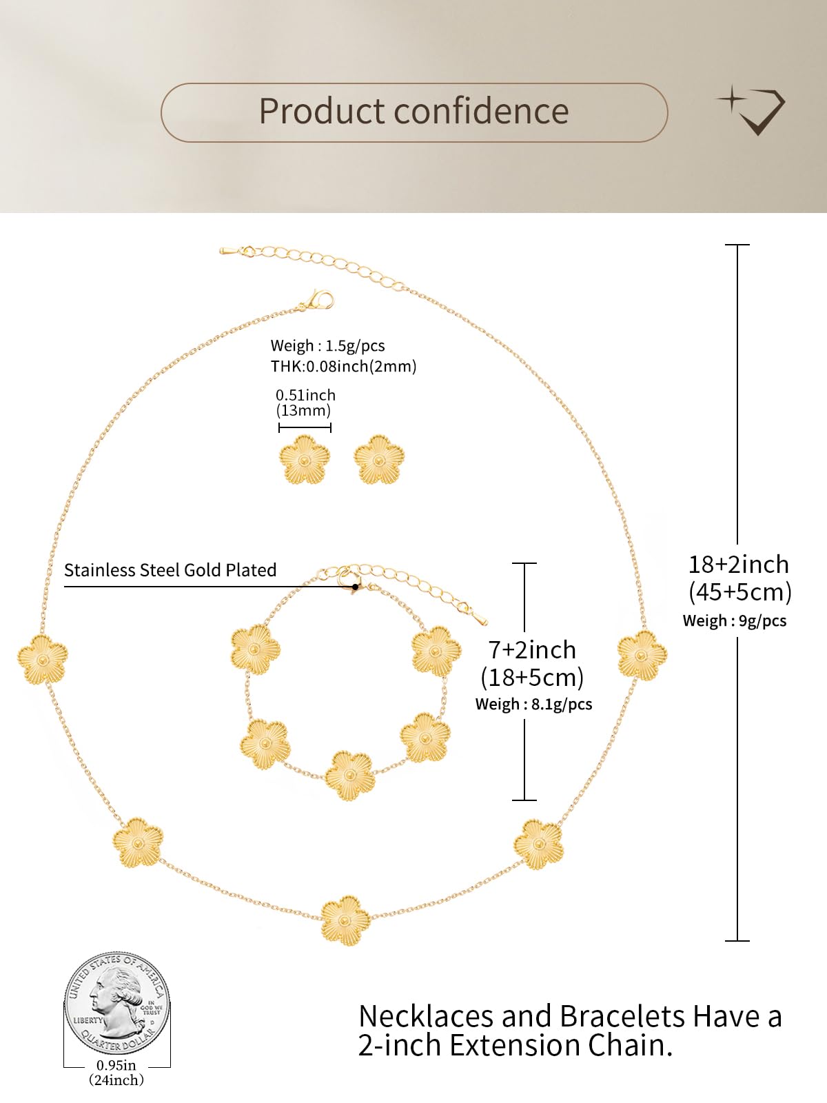 Qinpan Five Leaf Clover Necklace Bracelet and Stud Earrings Set for Women Lucky Flower Jewelry (Gold-14K Gold Plated)