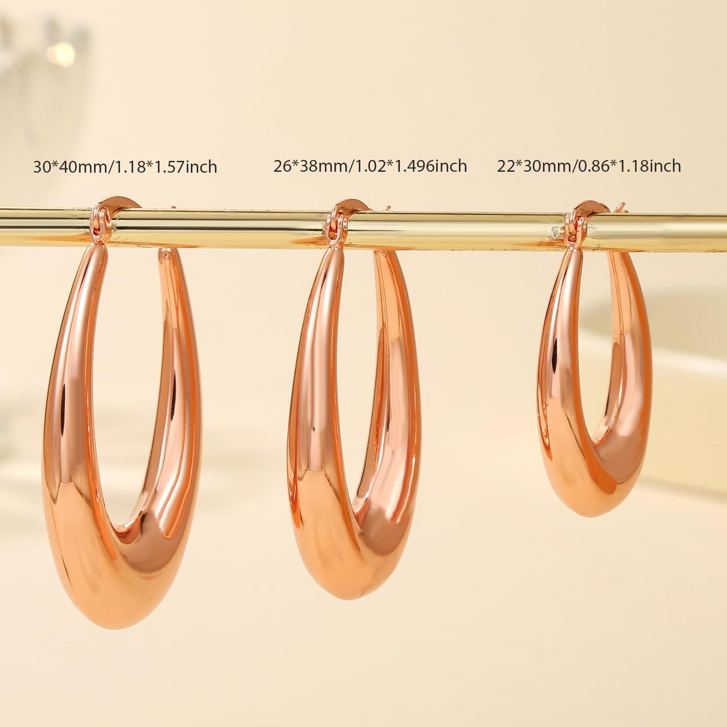 PABBEU Chunky Rose Gold Hoop Earrings for Women, Lightweight 14k Golden Plated Hoops Earrings, Hypoallergenic 925 Oval Rose Golds Hoops Earrings, Thick Gold Hoop Earrings for Women Gifts (38mm)