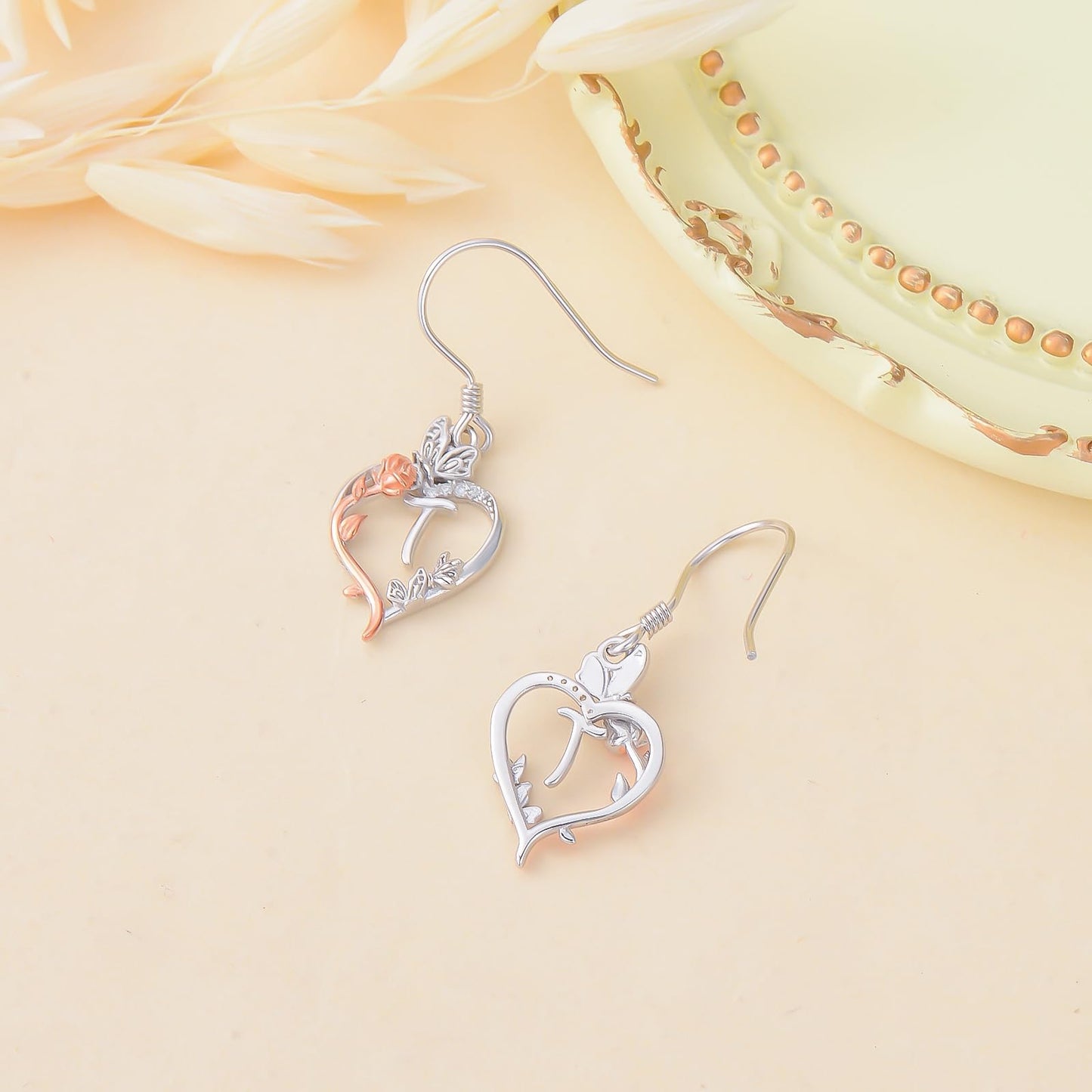 TOUPOP Rose Heart Initial Earrings Sterling Silver Butterfly Earring Initial T Letter Drop Dangle Earrings Jewelry Anniversary Birthday Mothers Day Gifts for Women Mom Wife Girlfriend Her