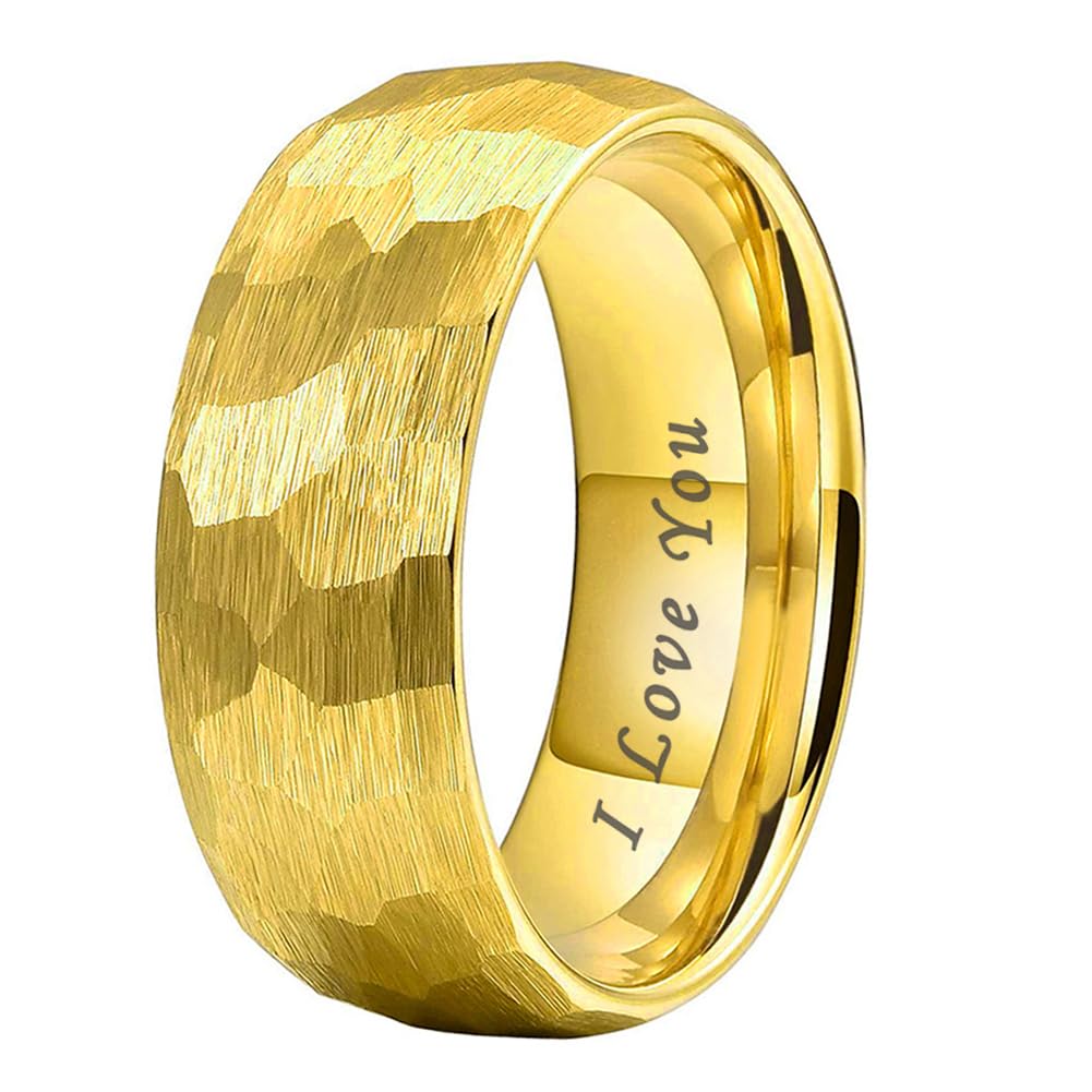 TUTISS 8mm Gold Hammered Tungsten Rings for Men Women Engagement Wedding Bands Domed I Love You Engraved Comfort Fit Size 7