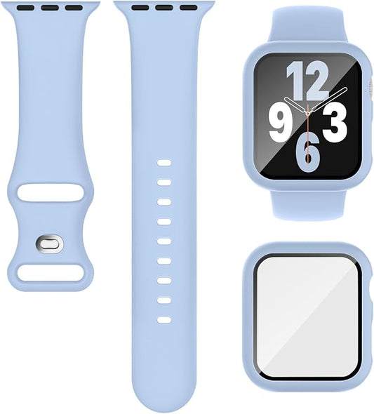 Compatible for Apple Watch Band 44mm 45mm and Case with Screen Protector, Soft Silicone Sport Strap Bands and Protective Cover with Tempered Glass for iWatch Series 9 8 7 SE 6 5 4
