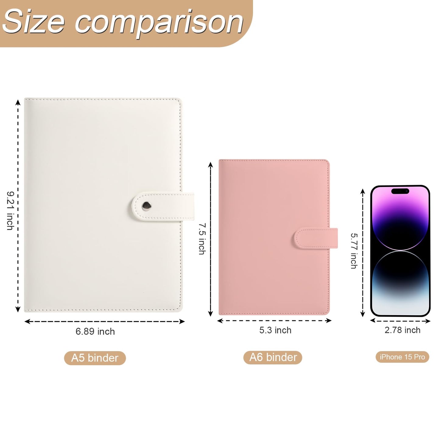 A5 6 Ring Planner Binder - Refillable PU Leather Notebook Organizer with 80 Line Sheets, Monthly Sheets, Plastic Pockets and Dividers, Beige