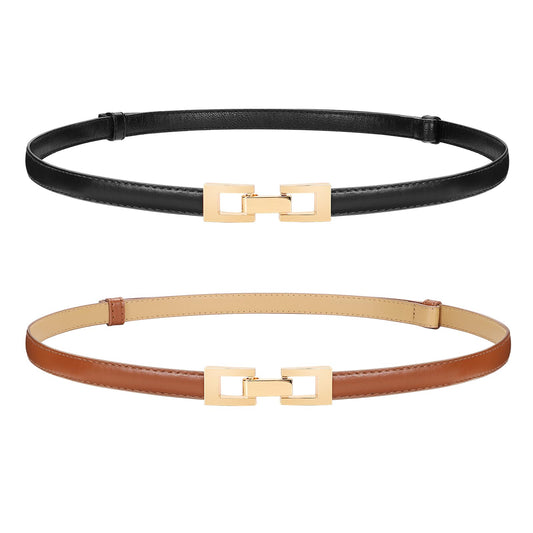 WERFORU 2 Pack Women Skinny Belt Thin Waist Belt for Pants Leather Belt with Gold Buckle for Jeans Dress,0.6" width,black+brown