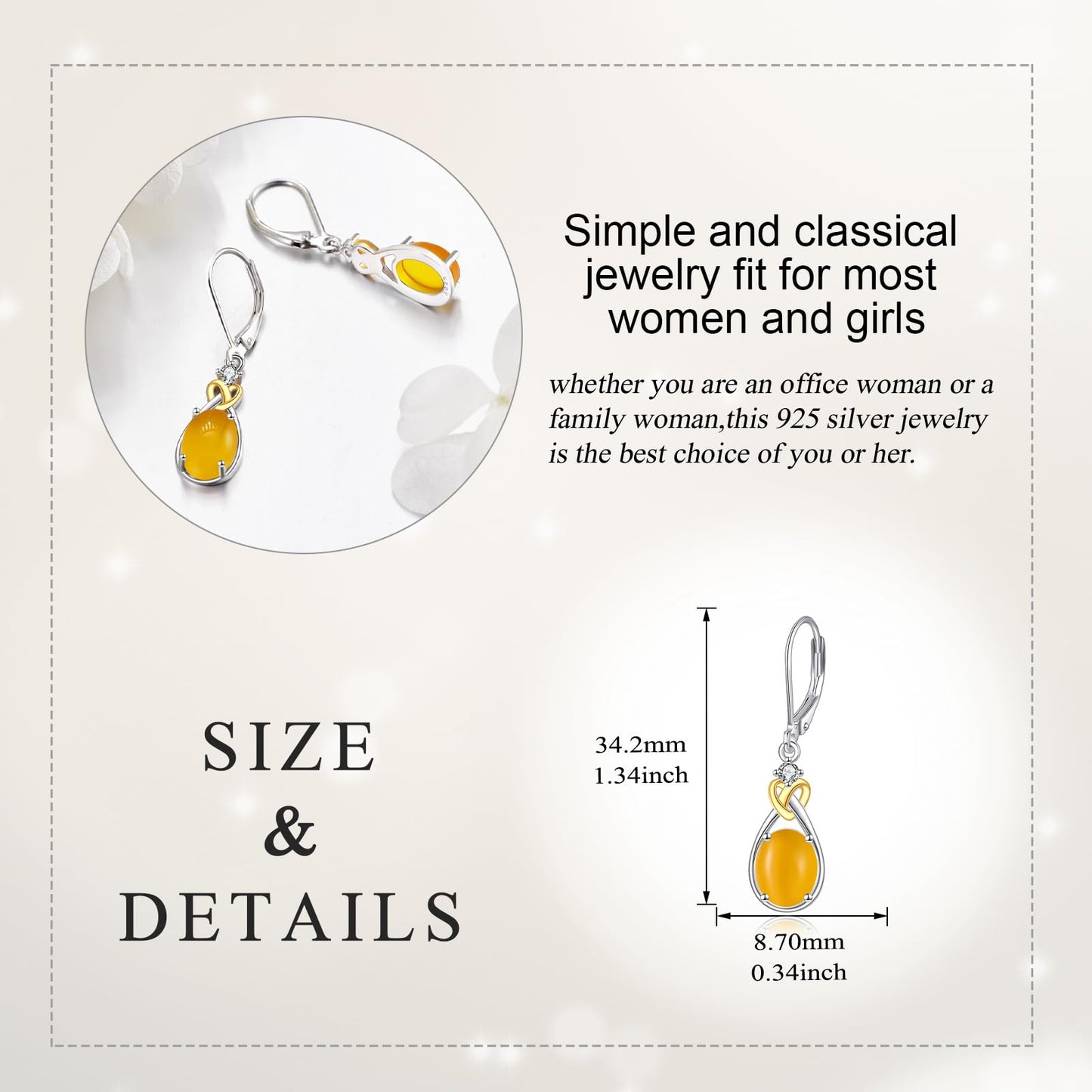 Amber Earrings for Women 925 Sterling Silver Amber Leverback Dangle Earrings Teardrop Jewelry Gift