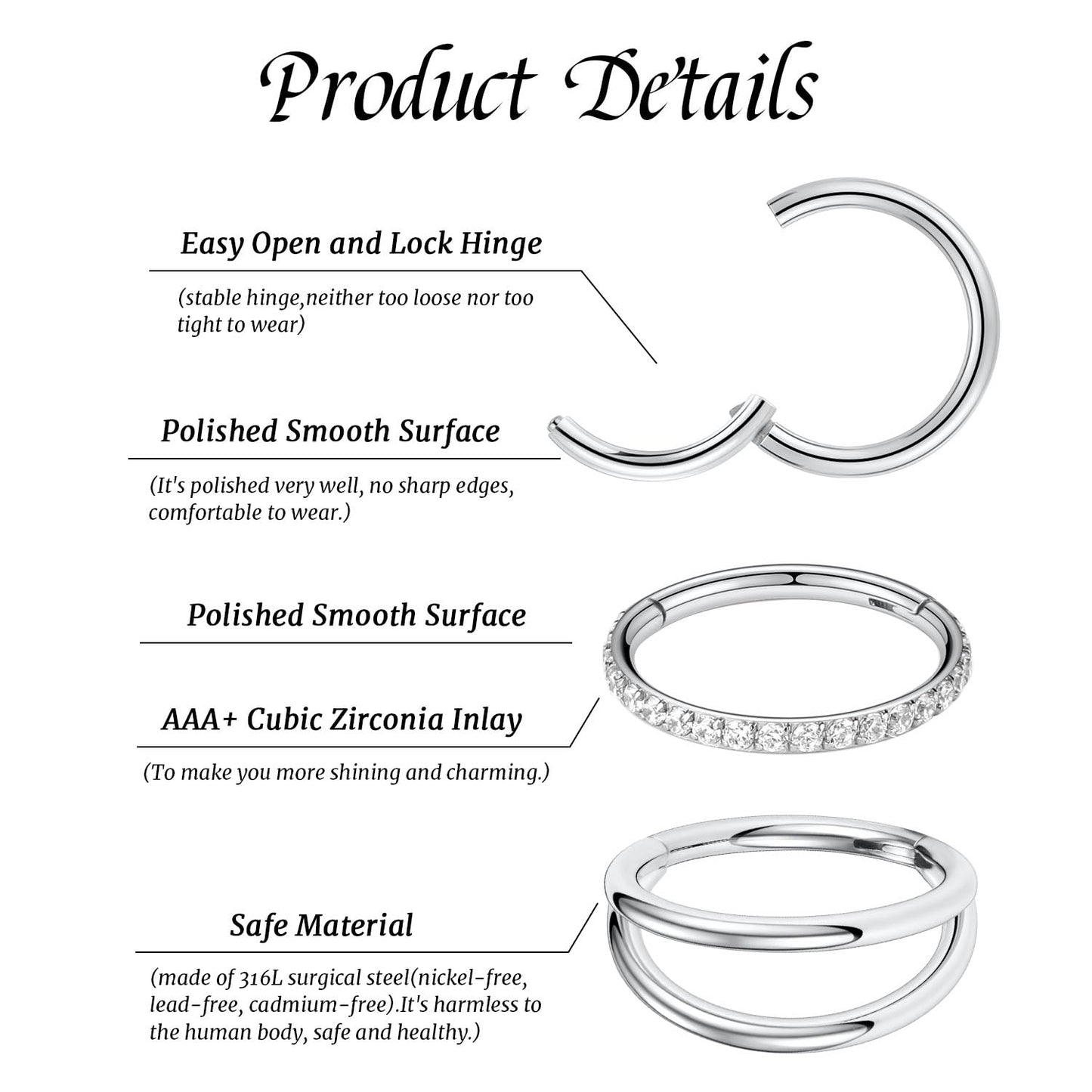 GAGABODY Septum Jewelry Seamless Double Hoop Conch Piercing 20 Gauge Nose Ring 20g Cartilage Earring with CZ Lip Rings 6mm Nose Hoop Surgical Steel Helix Earrings Silver