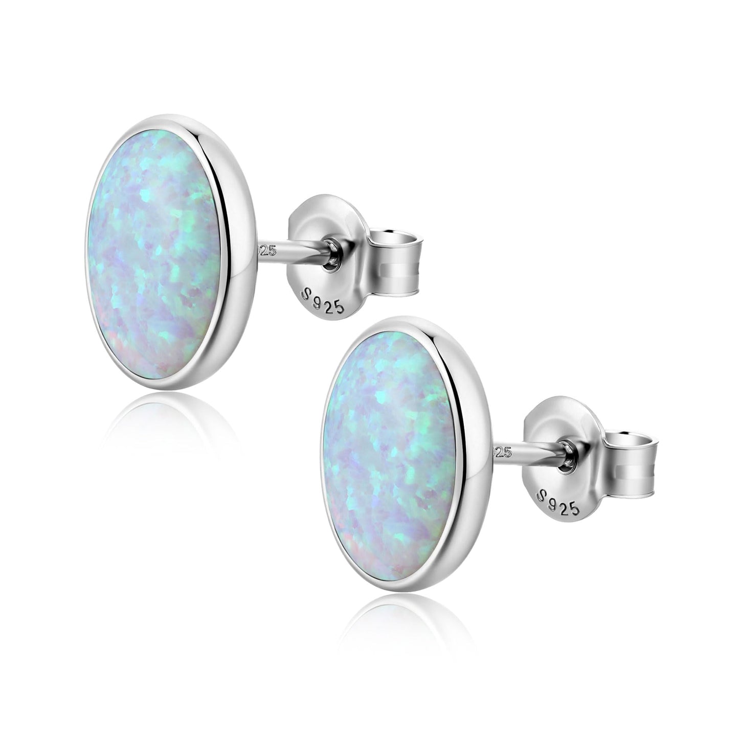 JiayangJY White Fire Opal Stud Earrings for Women 18K White Gold Plated Sterling Silver Oval Shape 5mm Opal Earrings with Push Back