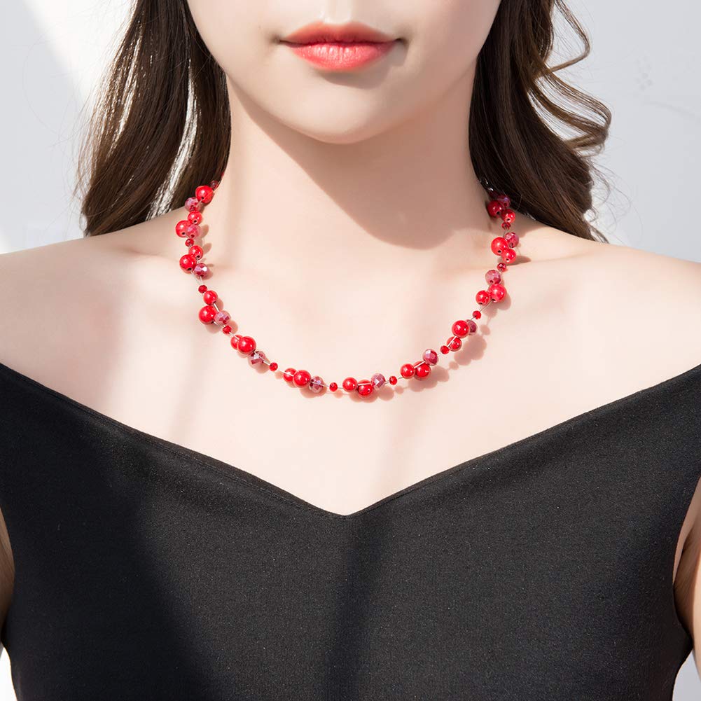 Short Beaded Turquoise Necklace For Women - Fashion Jewelry with Pearl and Crystal Bead, Birthday Gifts For Women (27-Red)