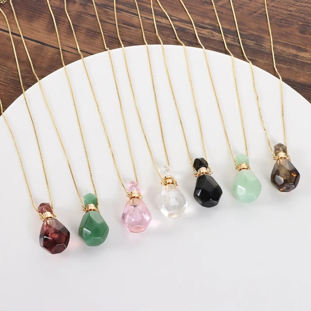 14K Yellow Gold Natural Stone Vial Necklace For Women - Glass Vial Pendant Necklace Water Drop Jar Perfume Necklace - Water Container Vial Necklaces For Liquid Oil Diffuser Vial Jewelry