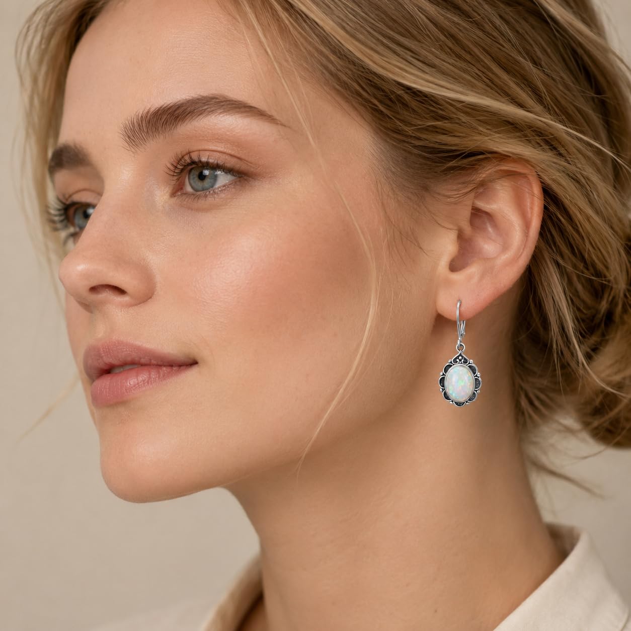 White Opal Drop Earrings for Women 925 Sterling Silver Vintage Oval 9x7mm Filigree Leverback Dangle Earrings, Gothic Victorian Antique Jewelry Gifts