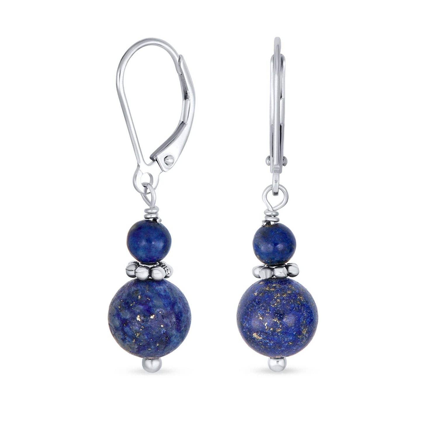 Bling Jewelry Bali Style .925 Sterling Silver Blue Lapis Lazuli Bead 3MM & 8mm Balls Drop Earrings Milgrain Rondel Separator Lever Back Genuine Gemstone