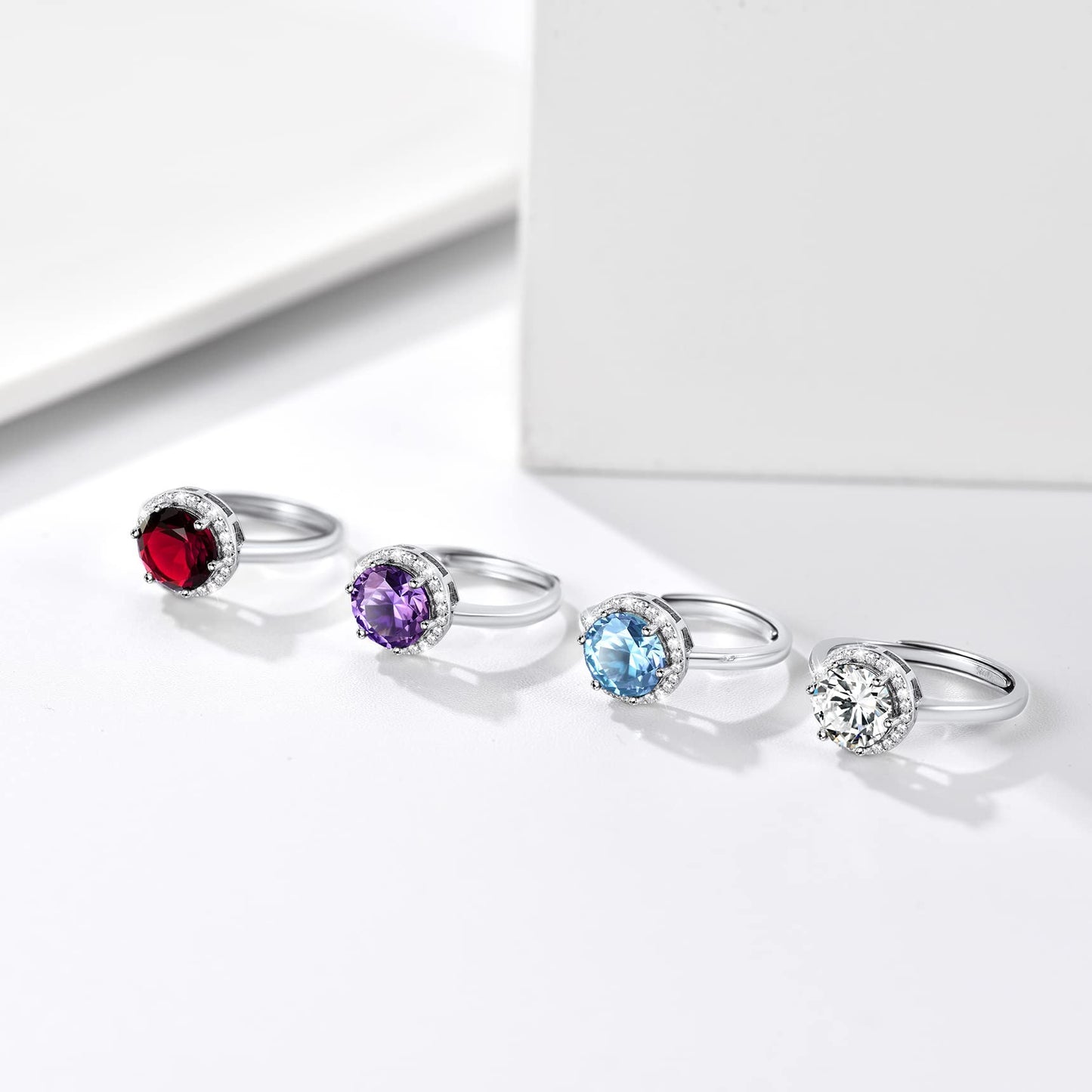Bestyle 925 Sterling Silver Round Crytsal Cubic Zirconia Rings | Classic Silver February Amethyst Crystal Birthstone Rings for Women, Great Birthday Gift for Daughter/Wife/Mom/Grandma