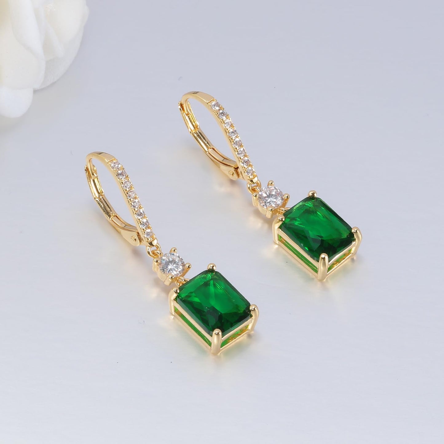 CiNily Leverback Earrings for Women Rectangular-cut Drop Dangle Earring Hypoallergenic, 14K Gold Plated Emerald Green Cubic Zircon Earrings Diamond Dangle Ear Rings Jewelry Birthday