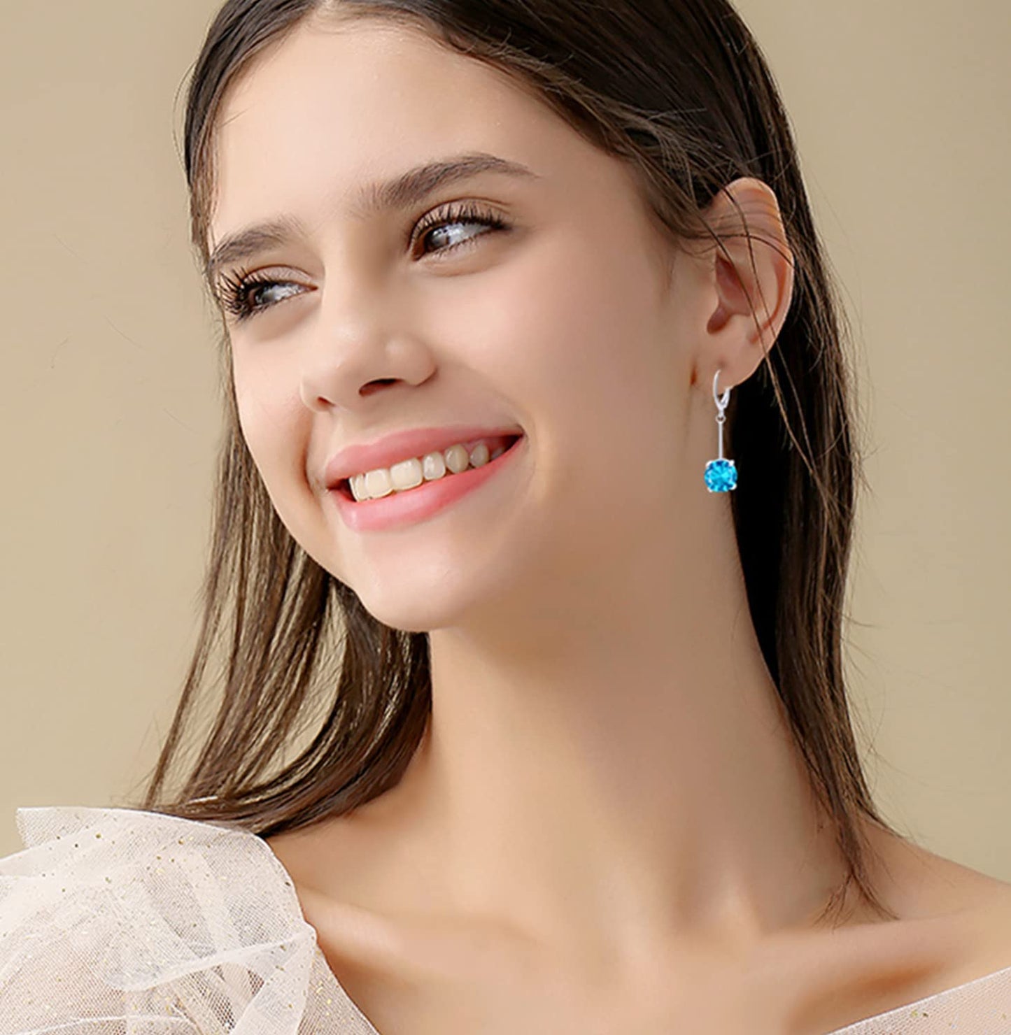 VONSSY Gemstone Drop Dangle Earrings | Platinum/Gold Plated Leverback Crystal Cubic Zirconia Hanging Red/Pink/Blue Earrings (Blue-Platinum)